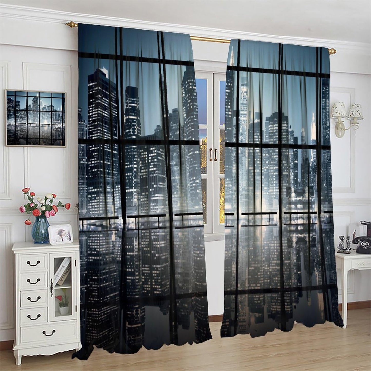 YSWOW City Landscape Blackout Curtains Modern New York City Scenery Night Skyscrapers Art Printed Window Drapes for Bedroom Living Room Decor Fabric 2 Panels 42x45 Inch 30% Shading Rate