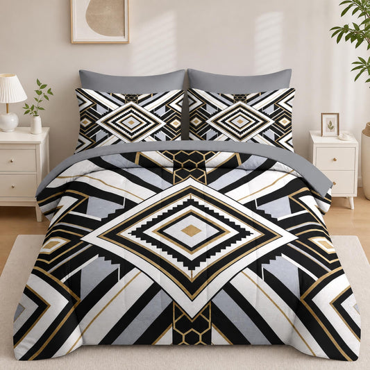 Boewywh Comforter Set Twin Size Geometric Gold Abstract 7 Pcs, Bedding for Kids and Adults, Vintage Modern Bed Sheet Sets with Fitted Sheet 2 Pillowcases & 2 Shams for Bedroom Bed Decor