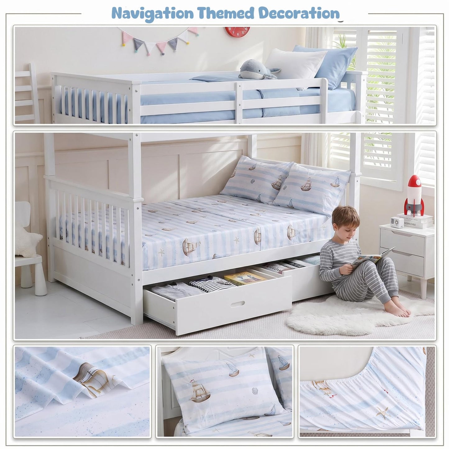 Nautical Boat Printed Twin Sheet Set for Boys,3 Pieces Sailboat Bed Sheet with Pillowcase 15-Inch Deep Pocket Fitted Sheet,Soft Microfiber Shell Starfish Bedding Set for Kids Toddlers Decor Bedroom