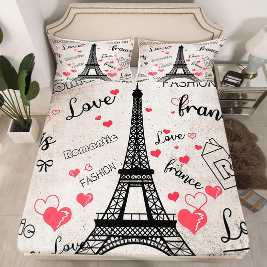 Eiffel Tower Fitted Sheet Full,Red Love Heart Bed Sheet 3 Pieces(No Flat Sheet),Valentine's Day Decor Bedding Set for Kids Adults,Rustic Farmhouse Style Deep Pocket Sheet Room Decor