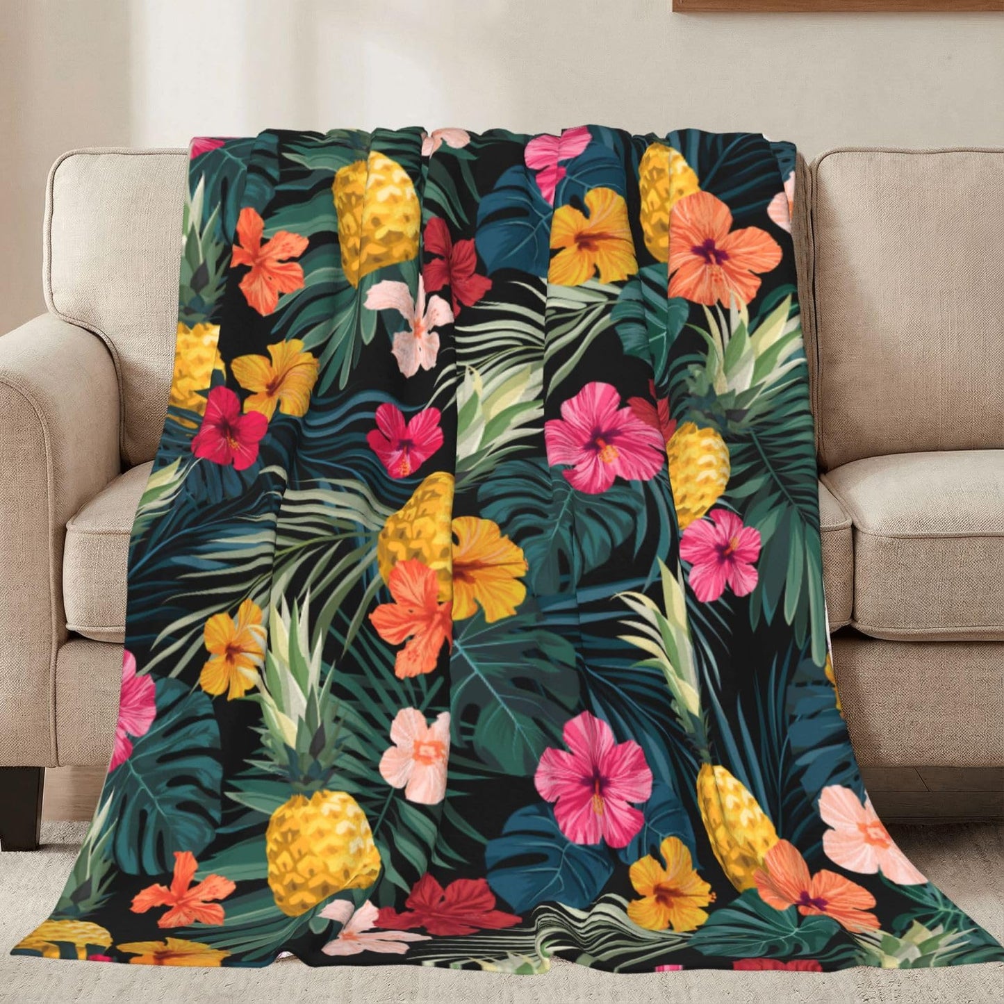 Perinsto Palm Leaves Hibiscus Flowers Hawaii Throw Blanket Ultra Soft Warm All Season Tropical Pineapples Fruit Decorative Fleece Blankets for Bed Chair Car Sofa Couch Bedroom 50"X40"