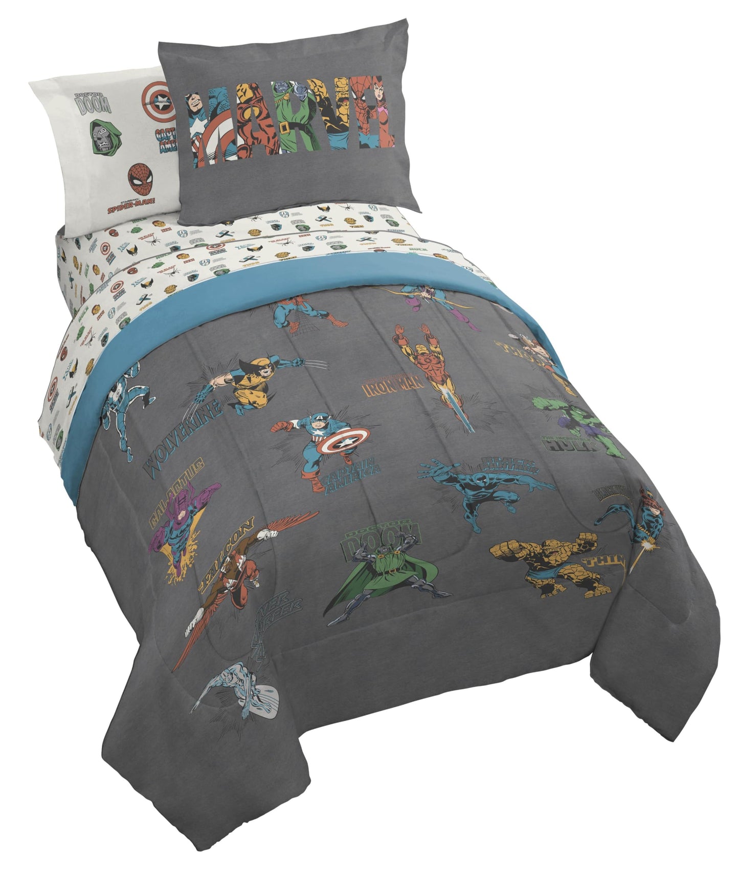 Jay Franco Kids Comforter Set Includes Sheets and Pillow Covers - Soft and Cozy Bed Set for Stylish Room Decor, Official Licensed Bedding, Gray - Marvel Comics, 5 Piece Twin
