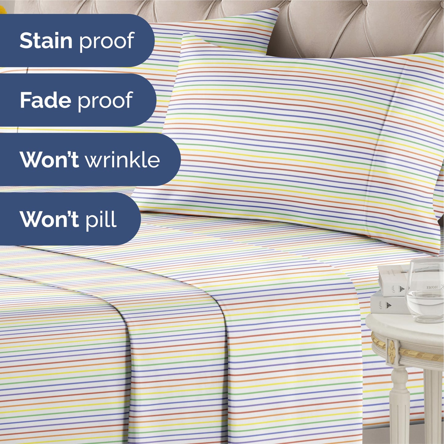 Rainbow Striped Sheet Set - Colorful Striped Bed Set - 1 Flat & 1 Fitted Sheet & 2 Pillowcases w/ Deep Pockets - Wrinkle & Fade Resistant - Soft, Breathable and Cooling - Rainbow Bedding - Queen Size