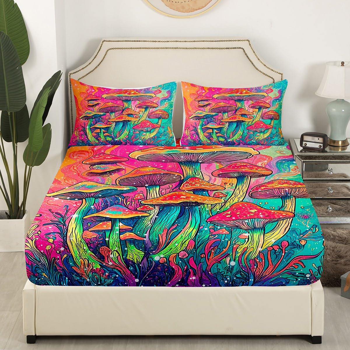 Feelyou Cute Mushroom Decor Bed Sheets Set Cartoon Mushrooms Sheet Set for Kids Boys Girls Teens Colourful Fungus Sheets with Deep Pocket Fitted Sheet Queen Size Wild Mushroom Stuff Bedding Set 4Pcs