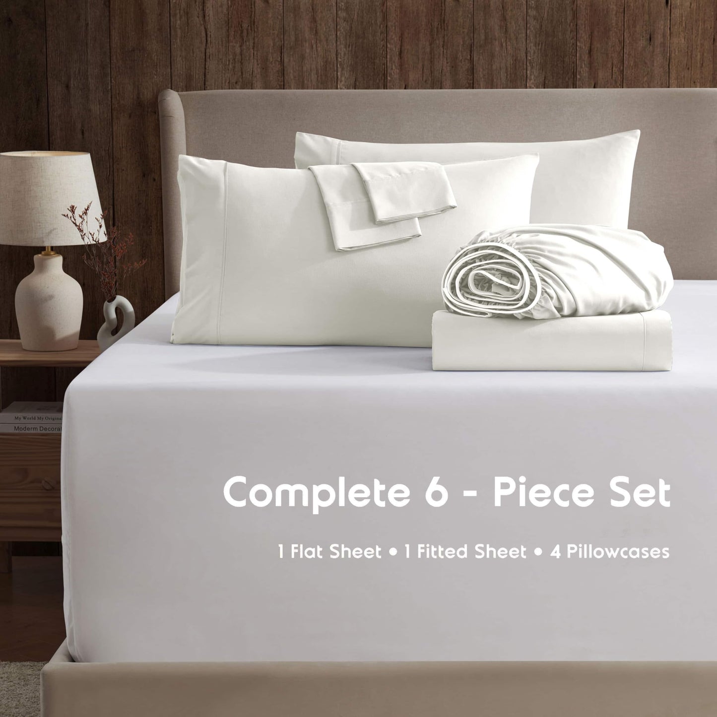 Nestl Extra Deep Cal King Sheet Set - 6 Piece Breathable & Cooling Sheets - Hotel Luxury Bedding Set w/18-24 Inch Deep Pockets - Easy & Secure Fit - Super Soft, Wrinkle Free & Comfy - Off White