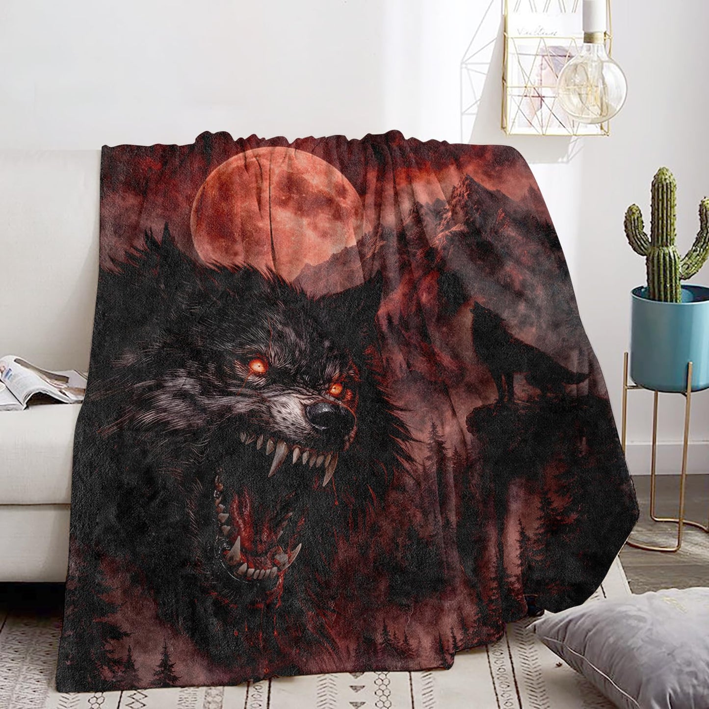 Wolf Moon Blanket Soft Cozy Red Blood Moon Animal Forest Flannel Throw Blanket, Gifts for Men Teens, Warm Yet Lightweight Gothic Blankets for Travel, Couch, Bed, Fuzzy Decor Comfort Wrap 60"×50"