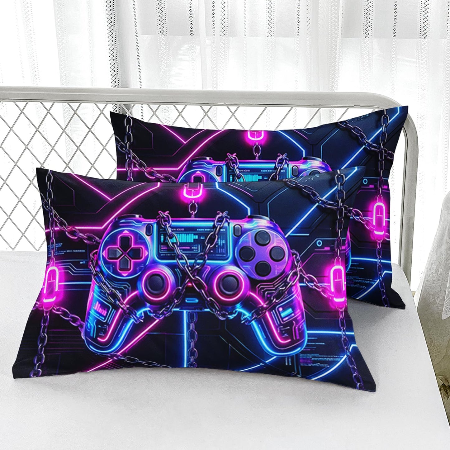 AILONEN Gaming Fitted Sheet Set Full - Neon Controller Print Microfiber Sheet - Modern Gamer Bedding for Boys Girls & Decor - 2 Pillowcases
