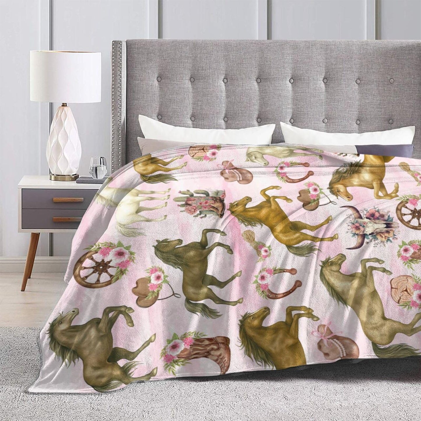Western Cowgirl Throw Blanket Pink Cowgirl Horse Flannel Blankets Southwest Horses Plush Super Soft Cozy Warm Decor Gifts for Boys Girls Kids Adults Men Women 40" x 50"