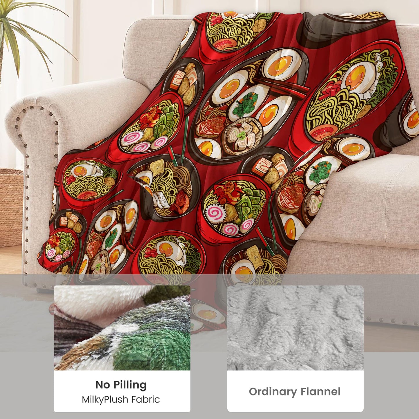 cromcu Ramen Blanket for Kids and Adults, Soft Lightweight Throw Blankets with Red Background for Sofa Bed Traveling Camping Japanese Decor Gifts, Single-Sided Printing, 50x60 Inches