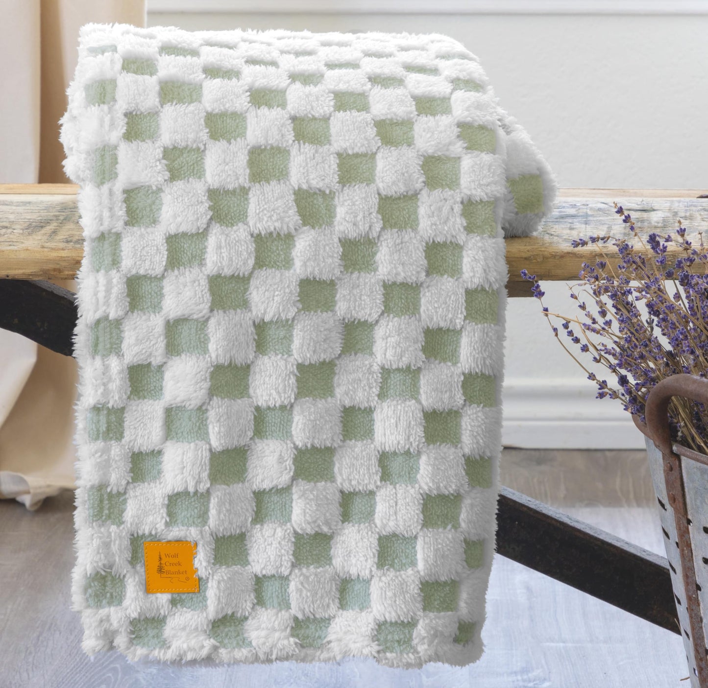 Sage Green & White Fuzzy Fun 3D Checkered Throw Blanket – Ultra Soft Shaggy Fleece for Cozy Comfort. Beautiful Gift for Women with Style 50 x 65 inches.
