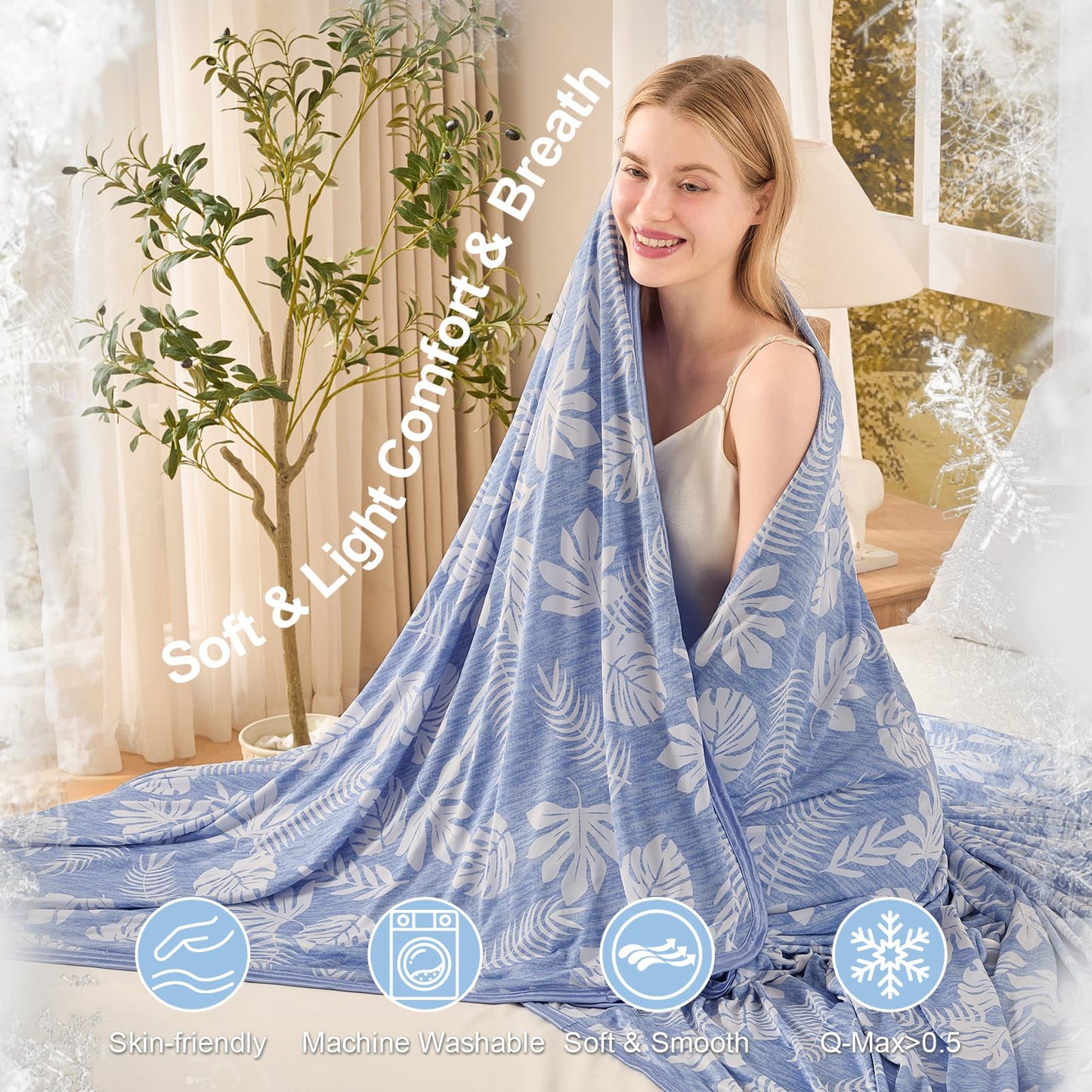OMERAI Cooling Blanket for Hot Sleepers Queen Size Lightweight Breathable Summer Blanket Light Blue 90"x90", Q-Max >0.5 Double Side Cold Blankets for Bed, Couch