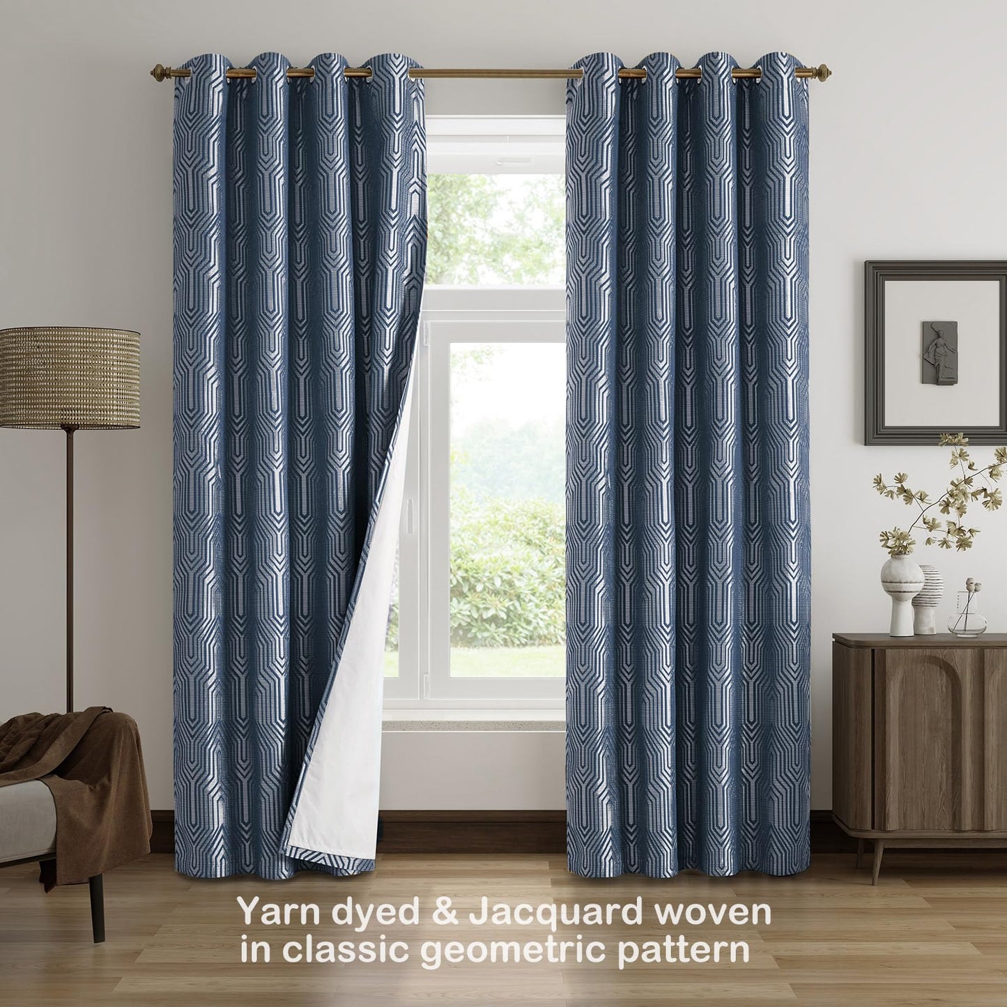 Indigo Blue and Silvery 100% Blackout Jacquard Geometric Pattern Curtains,52 Inch Wide 96 Inch Length 2 Panels, Thermal Insulated Noise Reducing Anti-Rust Grommet Drapes for Bedroom Living Room