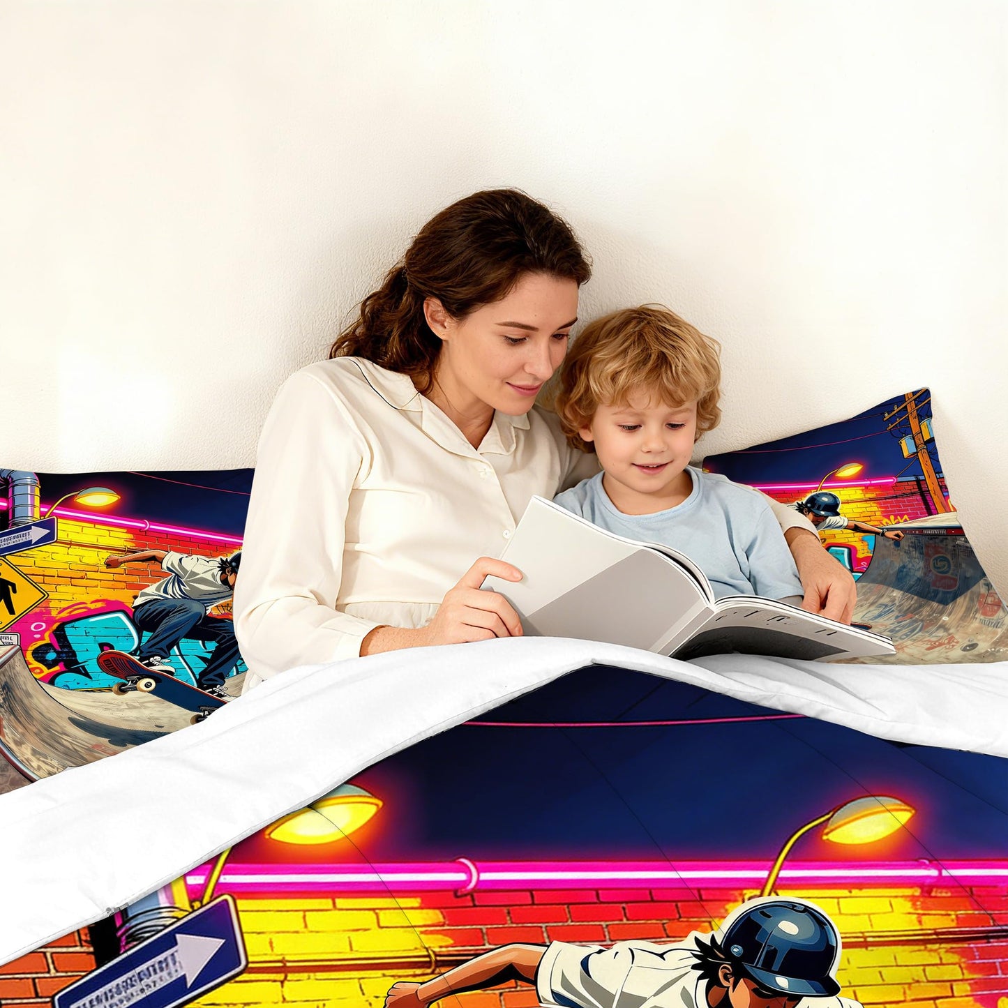 VTKON Skateboard Comforter Set for Teens Full 3Pcs with 1 Comforter and 2 Pillowcases Cool Graffiti Bedding Set Boys Sports Themed Bed Sets Microfiber for All Season