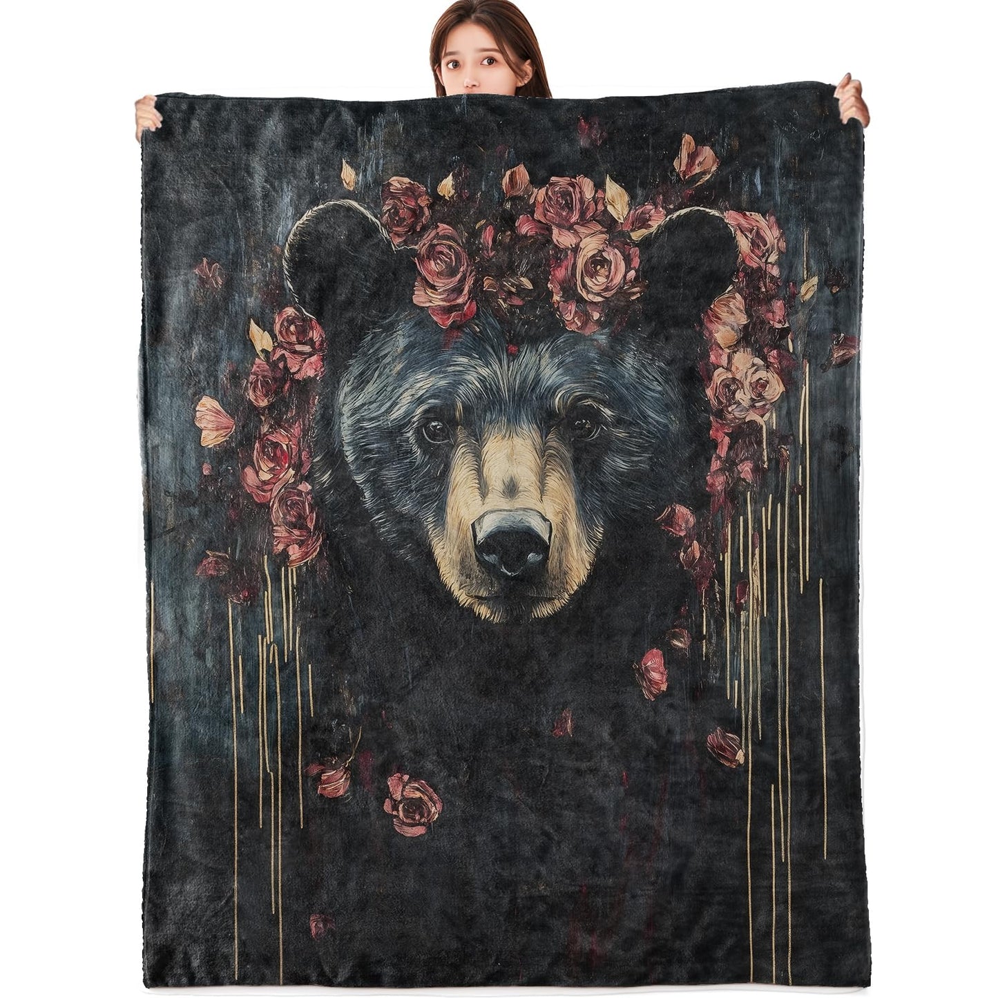 vnlvnl Black Bear and Rose Blanket Lightweight Flannel Blankets Gifts for Adults with Dramatic Floral Printed Throw for Couch Chair Office Bedroom Fall Winter Decor, 60x50inch