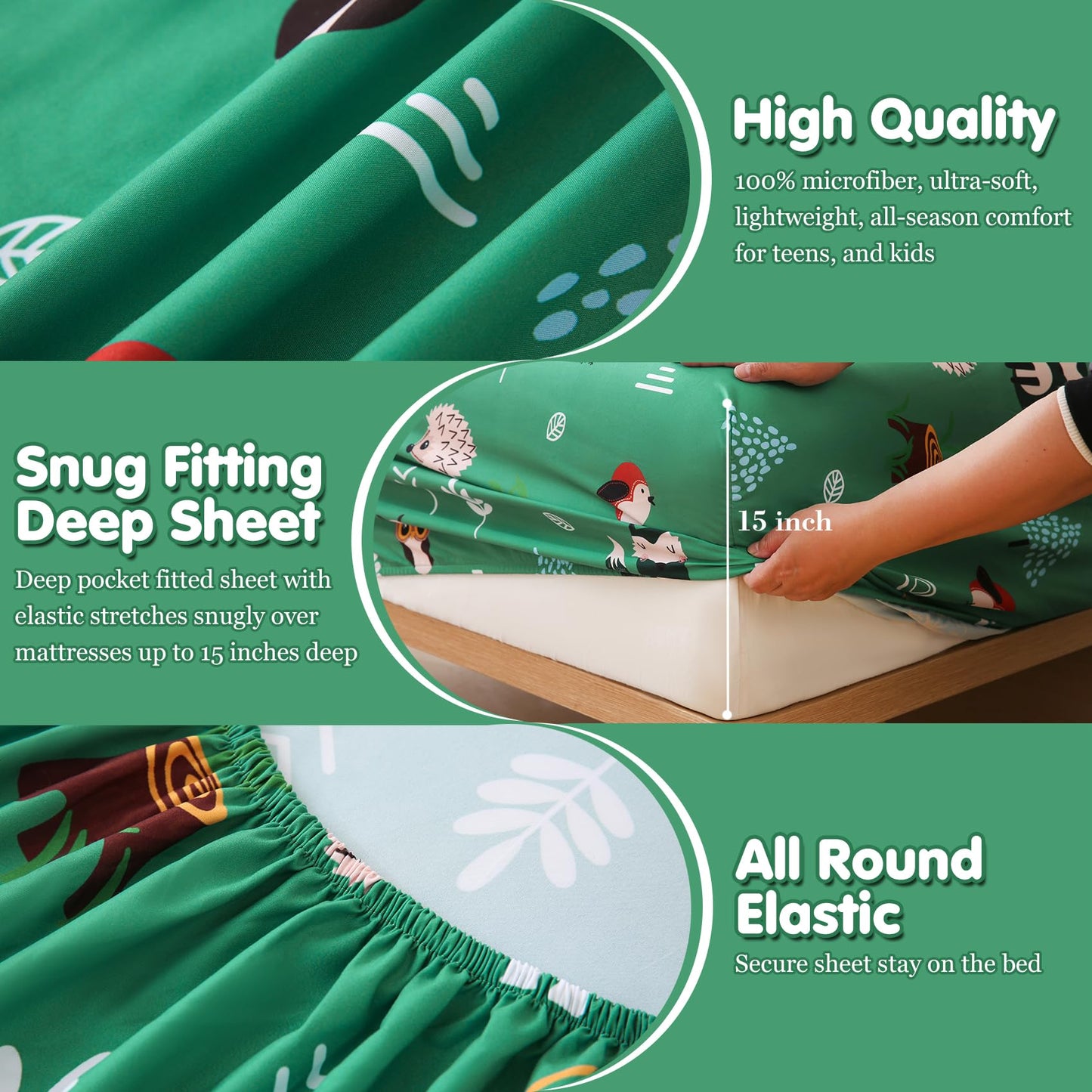 Green Forest Animals Twin Sheets Set for Kids 3 Piece Soft Microfiber Bed Sheets with Deep Pocket Cartoon Fox Owl Hedgehog Printed Bedding for Children Boys Kids (Animal Forest, Twin)