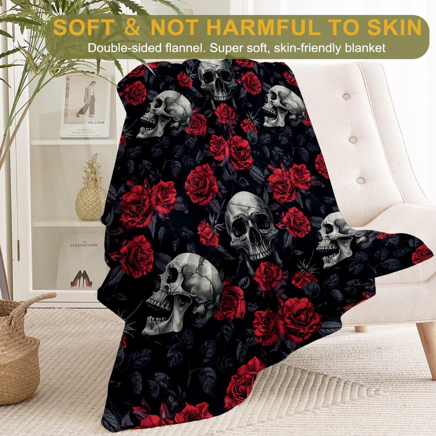 ainori Gothic Skull Rose Throw Blanket 50x60 in, Romantic Elegant Pattern Blankets for Couch Bedroom Halloween Indoor Decor, Lightweight Soft Cozy Bedding Birthday Gift for Kids Boys Adults