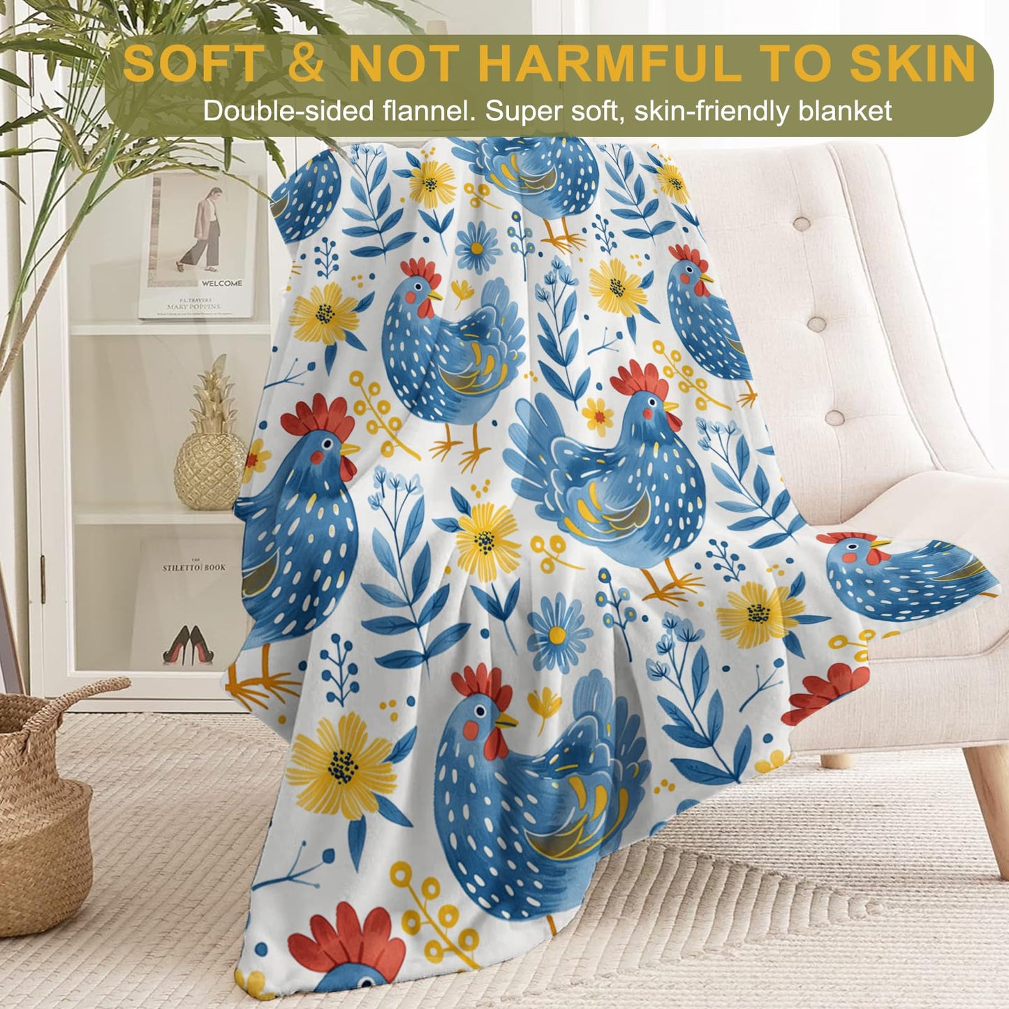 ainori Farmhouse Rooster Throw Blanket 50x60 in, Blue Chicken Flowers Blankets for Couch Bedroom Living Room Indoor Decor, Lightweight Soft Cozy Bedding Birthday Gift for Kids Boys Adults