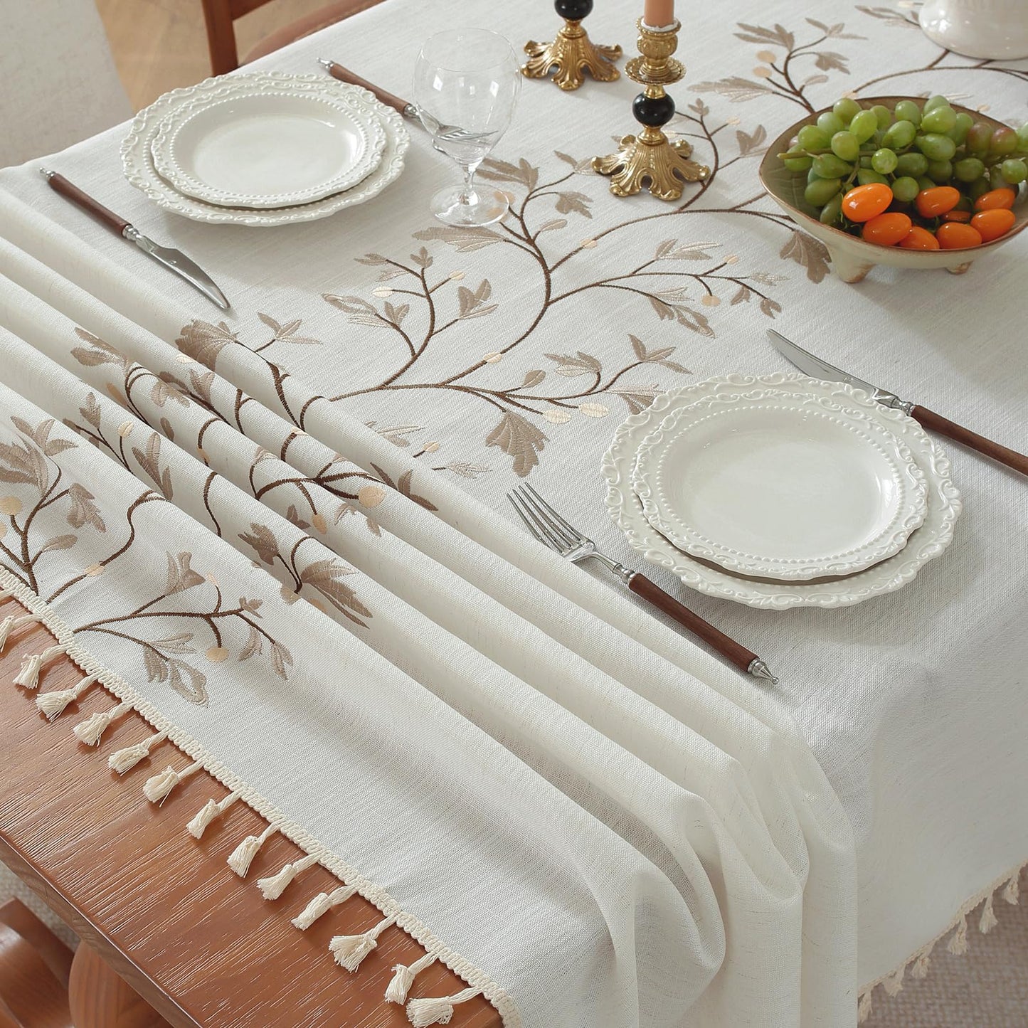 QDTTSRY Rectangle Cotton Linen Tablecloth, Heavy Duty Waterproof Tablecloths Farmhouse Tablecloth, Soft and Wrinkle Free Table Cover with Tassels for Kitchen & Dining (Coffee Flower, 70" x 55")