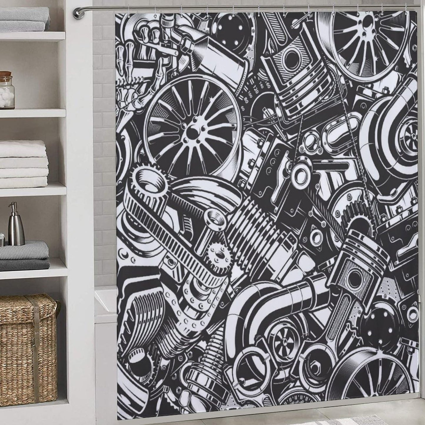 Lnepty Man Cave Shower Curtain,Retro Automobile Car Parts Engine Black White Vintage Boys Men Teen Bathroom Curtain Waterproof Fabric Machine Washable with Hooks,72x72Inch