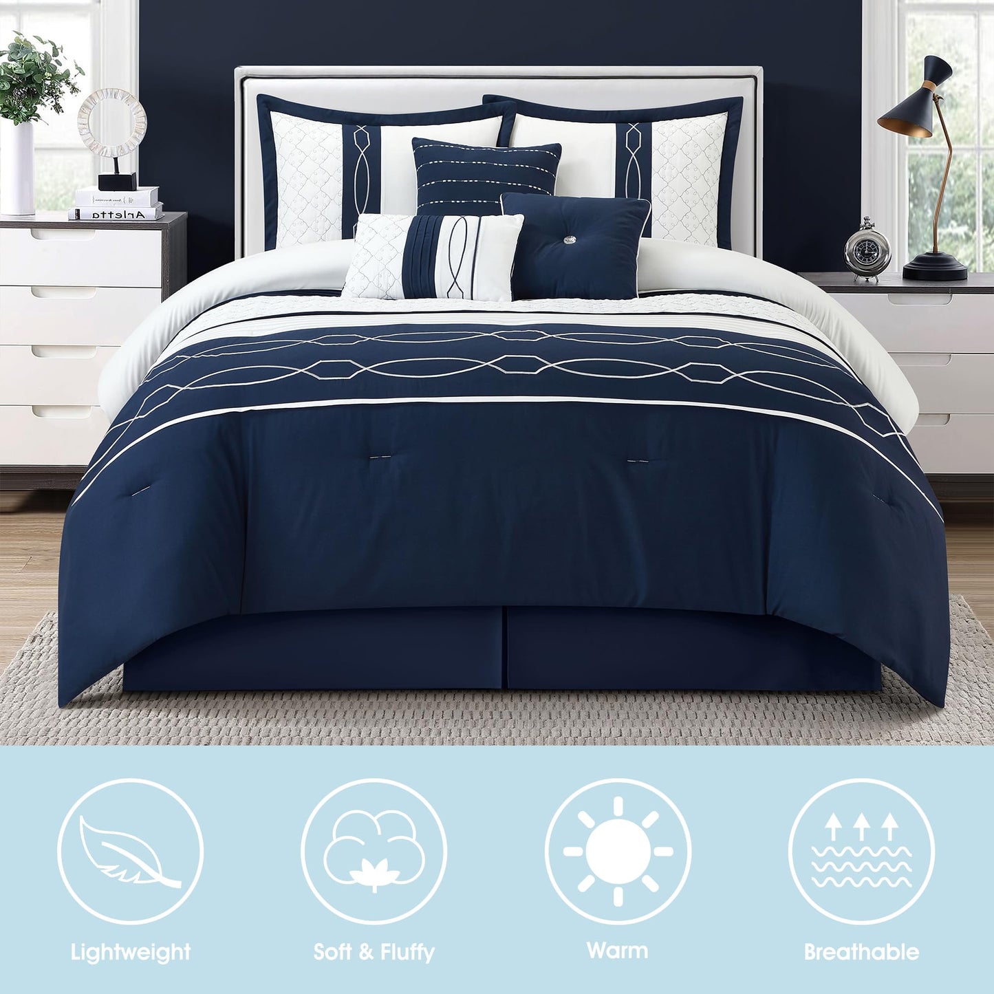 LANCO MODERN LIFESTYLE 7 Piece Comforter Set, Queen, White Navy Geometric Design, 100% Polyester, Luxury All Seasons Bed Set Includes Comforter, Bed Skirt, Pillow Shams, and Decorative Pillows