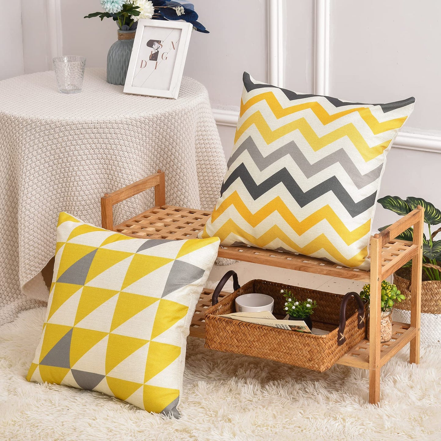Tosewever Set of 4 Decorative Geometric Yellow Grey 18 x 18 Inches Throw Pillow Covers - Modern Pattern Linen Square Pillow Cushion Case for Sofa Couch Bed Home Decor Outdoor (18" x 18", Yellow/Gray)