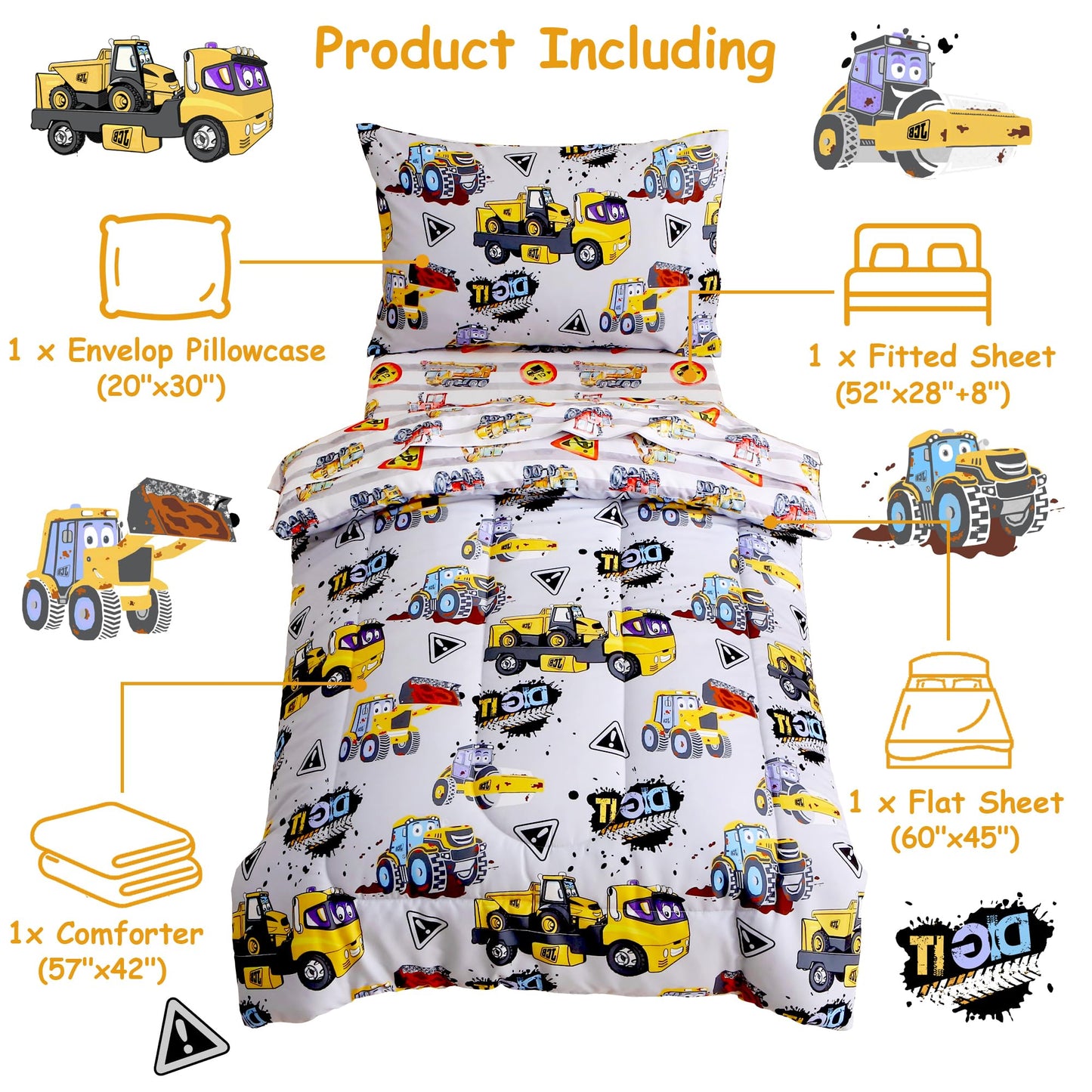 Mooreeke 4 Pieces Toddler Bedding Set - Grey Cool Heavy-Duty Vehicles Toddler Comforter Sets for Boys, Includes Comforter, Flat Sheet, Fitted Sheet and Pillowcase, Bed in A Bag for Baby Bedroom