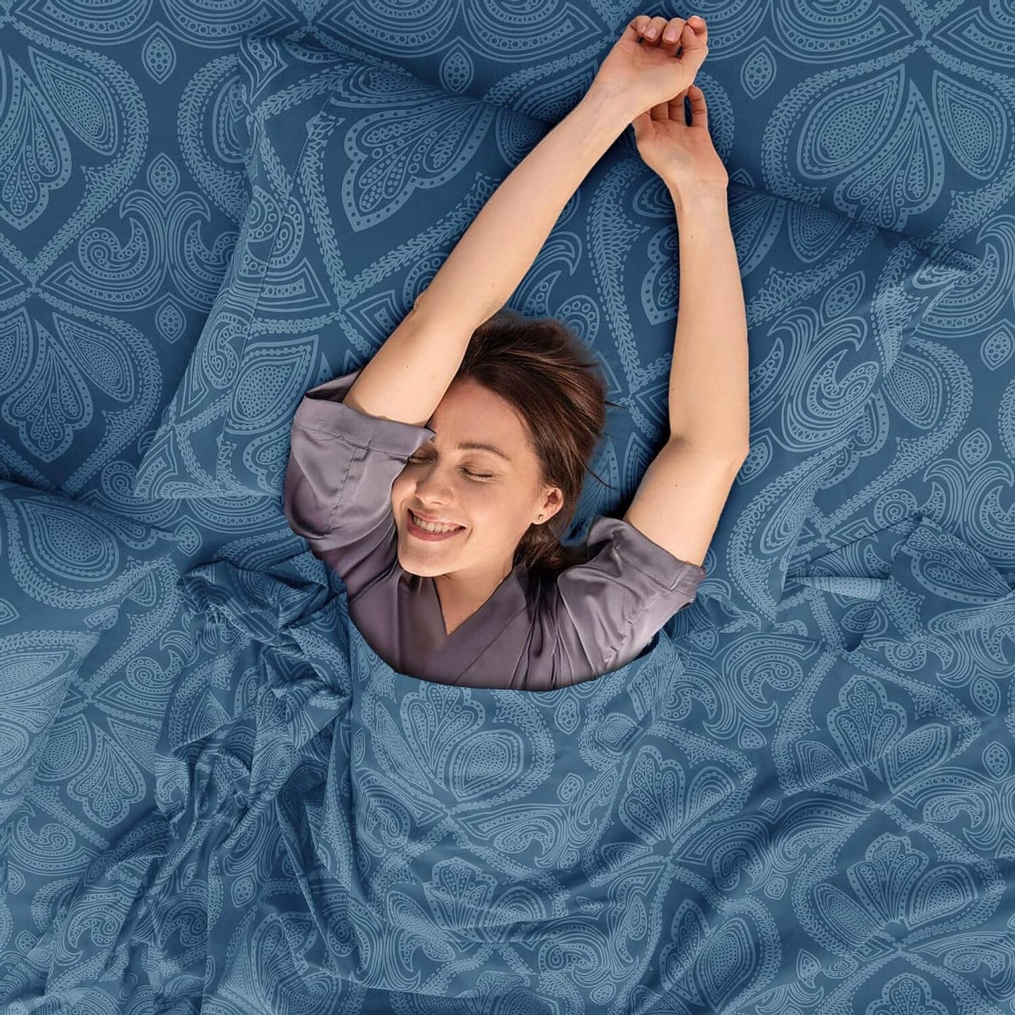 Ultra Soft Wrinkle-Free Microfiber Paisley Queen Sheet Set, Cute Floral Pattern Boho Print – 16" Deep Pocket Fitted Sheet, Flat Sheet & 4 Pillowcases, Breathable, OEKO-TEX - Navy Blue