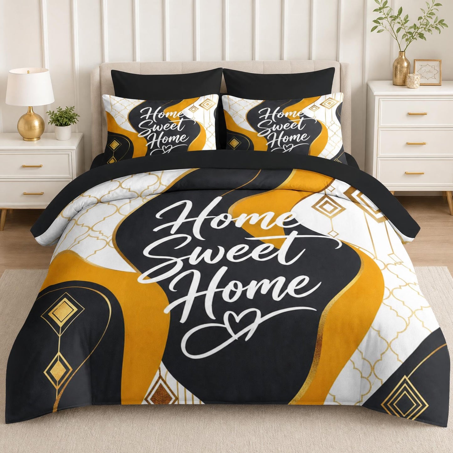 Boewywh Comforter Set Twin Size Housewarming Abstract Geometric 7 Pcs, Bedding for Kids and Adults, Modern Gold Bed Sheet Sets with Fitted Sheet 2 Pillowcases & 2 Shams for Bedroom Bed Decor