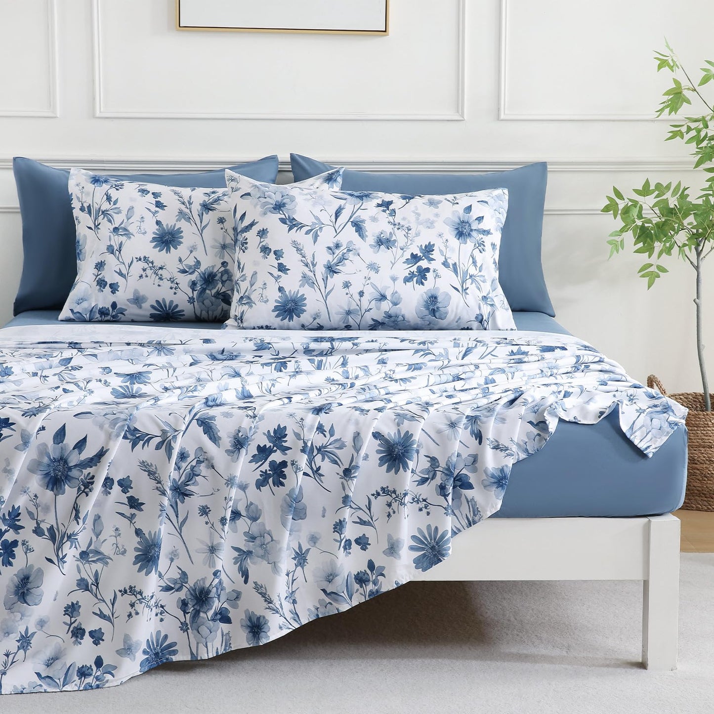 Botanical 6-Piece Queen Bed Sheets Set, Boho Floral Print Brushed Microfiber Sheets, Cooling Bed Sheet Set, Ultra Soft & Breathable, 16' Deep Pocket Fitted Sheet & Pillowcase Set, Grey Blue Floral