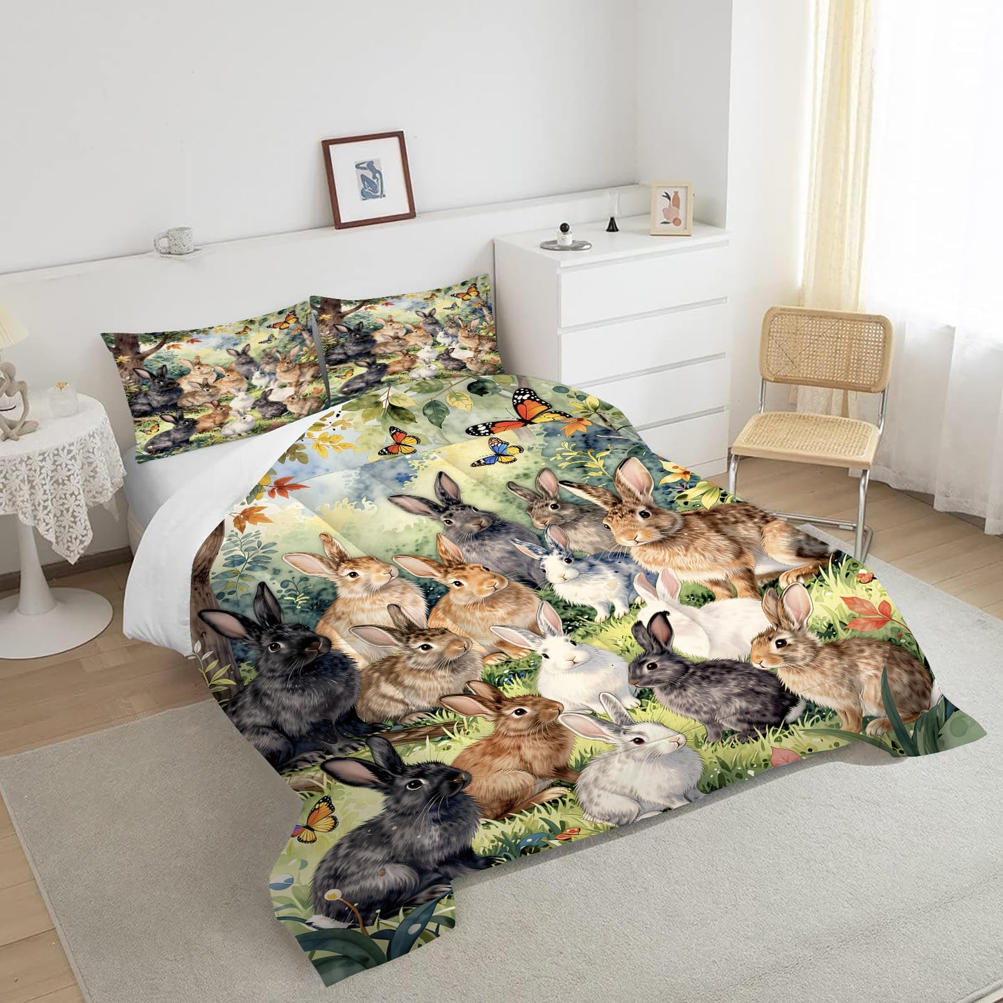 EDGZKO Cute Rabbit Comforter Set, Queen Size Bunny Happy Easter Bedding Set for Boys Girls Kids Teens Adults, Wild Animals Quilt Duvet Bed Set, Wildlife Bedroom Decor 1 Comforter & 2 Pillowcases
