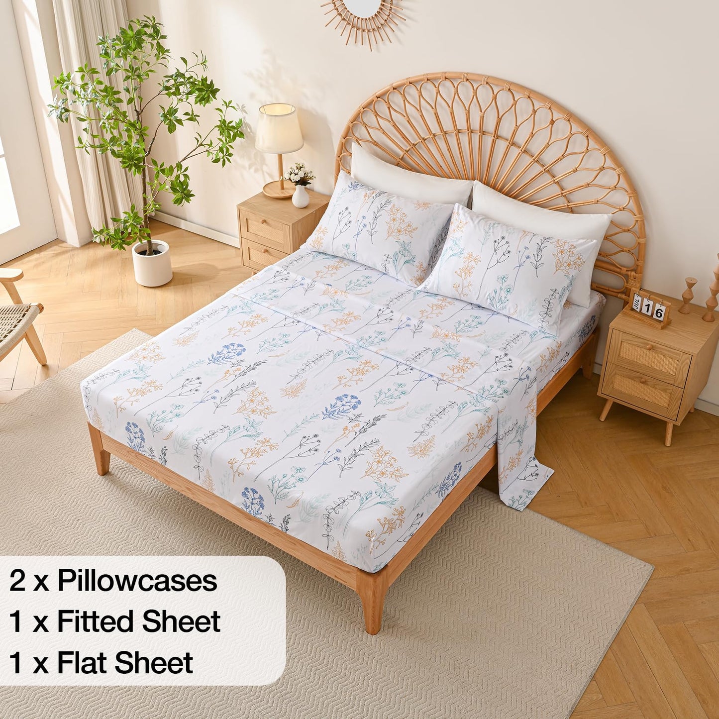 Yibeizi Floral Printed Sheet Set Queen, Boho Botanical Pattern Bed Sheets Microfiber Bedding Sheets & Pillowcases Soft 15" Extra Deep Pocket Fitted Bedsheet 4 Piece