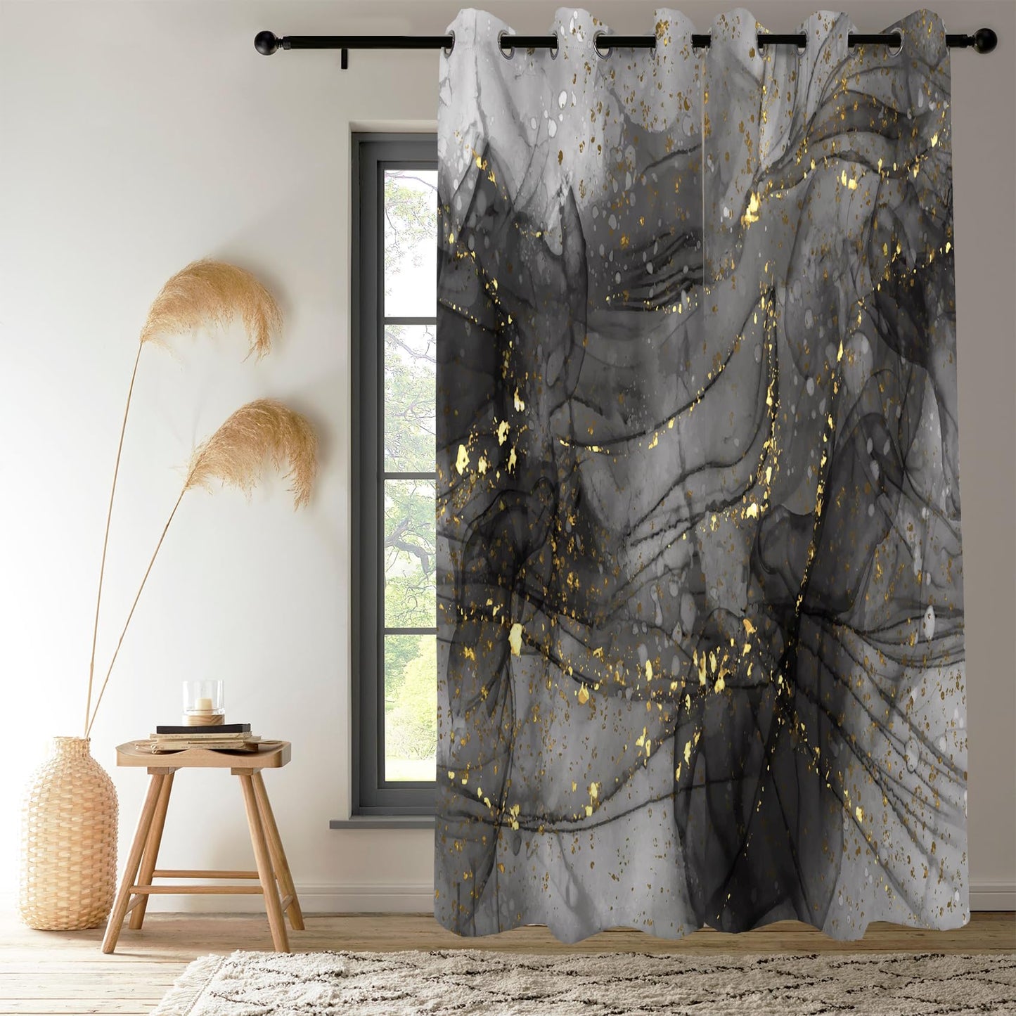 Renaiss Black & Gold Marble Blackout Curtains, Modern Art Gray Ombre Luxury Golden Decorative Window Curtains, Aesthetic Grommet Window Drapes for Bedroom Living Room Set of 2 Panels 42Wx63L inches