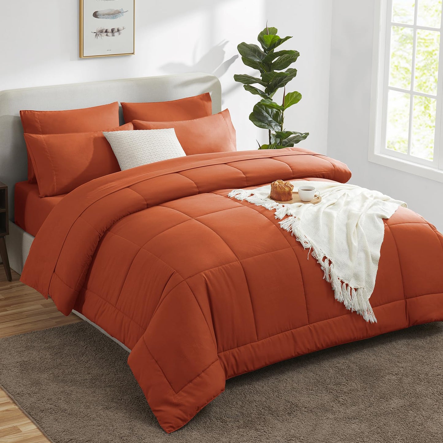 CozyLux Queen Comforter Set Terracotta, 7 Pieces Bed in a Bag, Burnt Orange Fall Comforters Queen Size, All Season Bedding Sets with Stitch Quilted Comforter, Flat Sheet, Fitted Sheet, Pillowcases