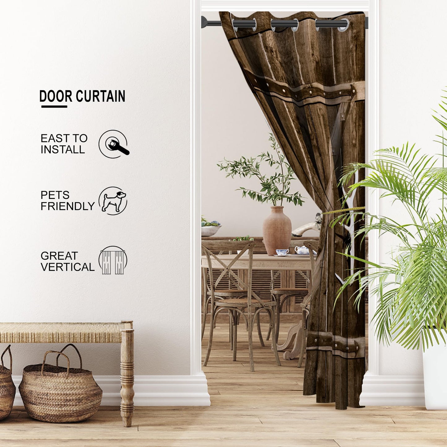 Barn Wood Door Curtains for Doorways, Rustic Village Art Antique Country Blackout Curtain for Kids Bedroom Closet, Grommet Thermal Insulated Privacy Door Drapes for Room Divider, 34"W x 80"L