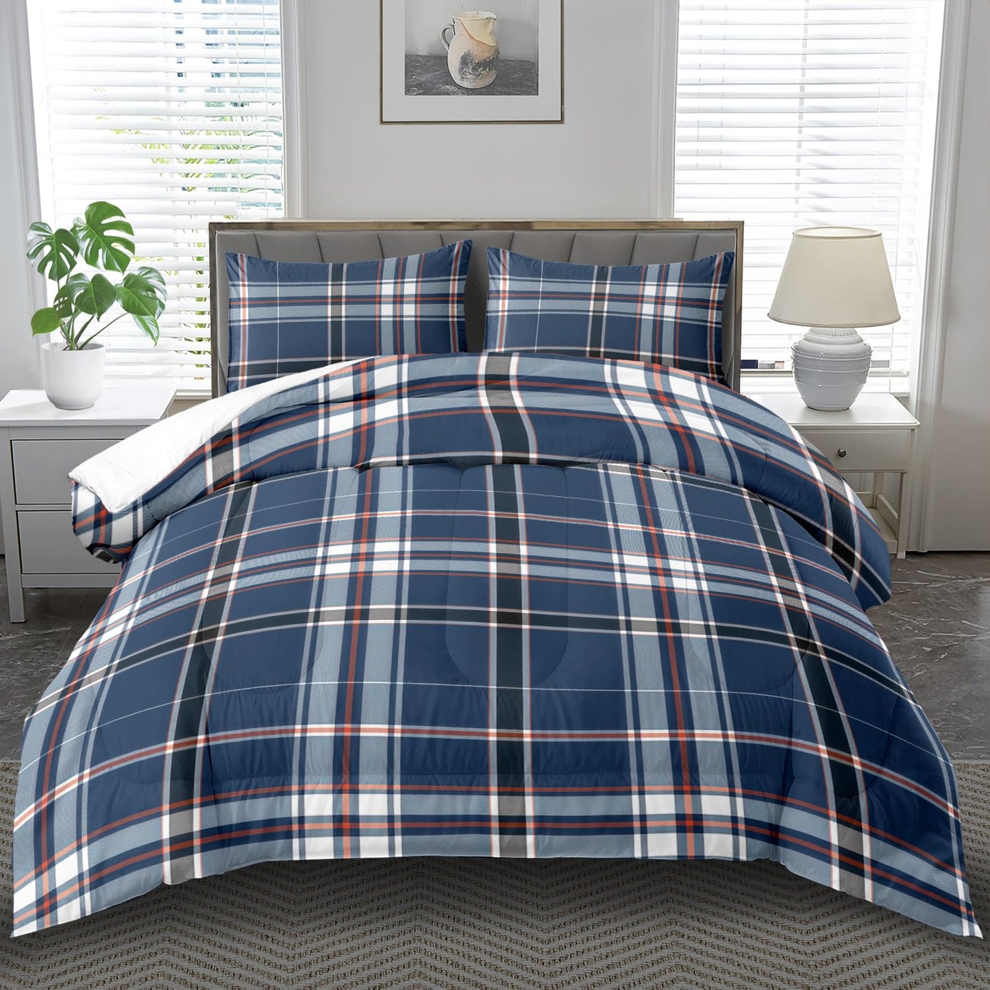 llyxsesty Blue Grid Comforter Set Queen Teens Plaid Design Bedding Set for Boys Gingham Comforter Queen Girls Quilt Plaid Bedroom Decor Grid Checkered Bedding Bed Decor