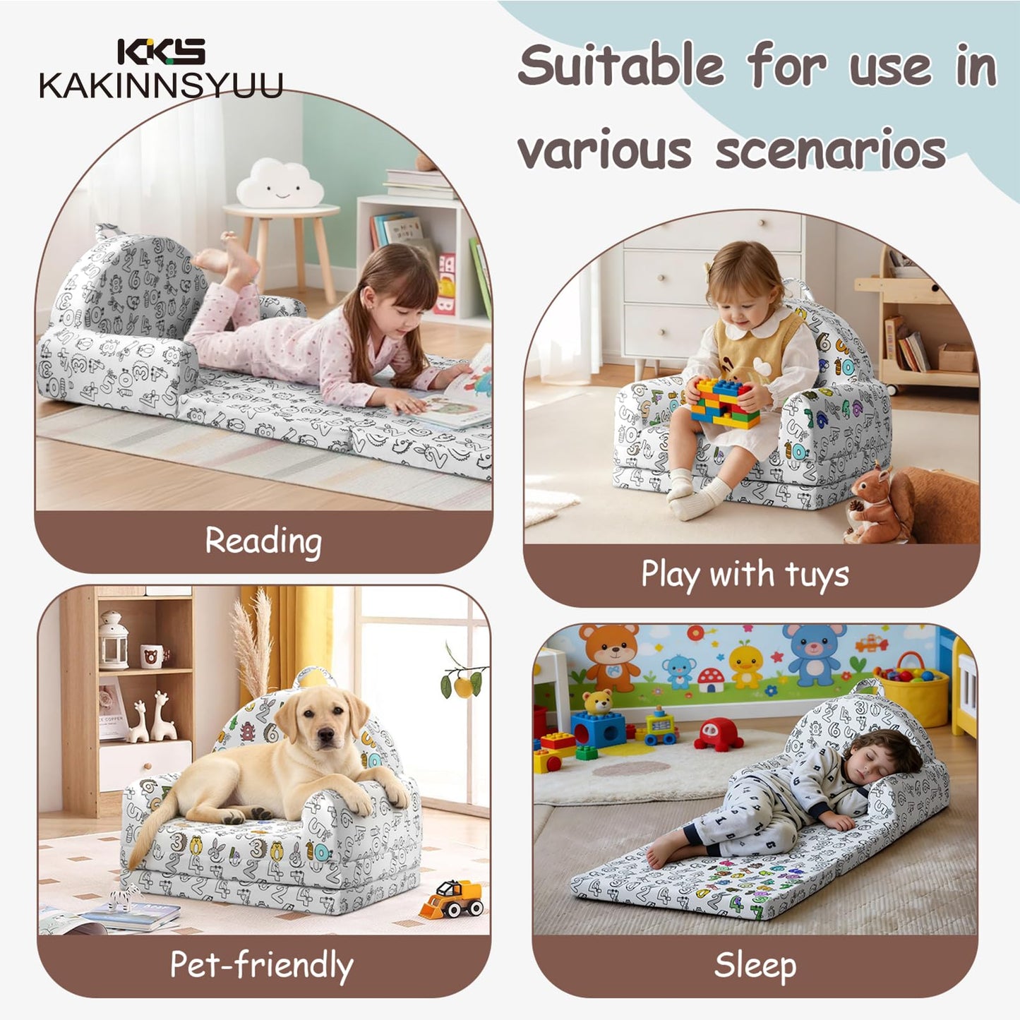 KKS KAKINNSYUU Toddler Chair & Couch, Kids Sofa 2-in-1 with Draw-On Fabric, Fold Out Convertible Foam Lounge for Playroom, Gift for Toddlers & Birthday