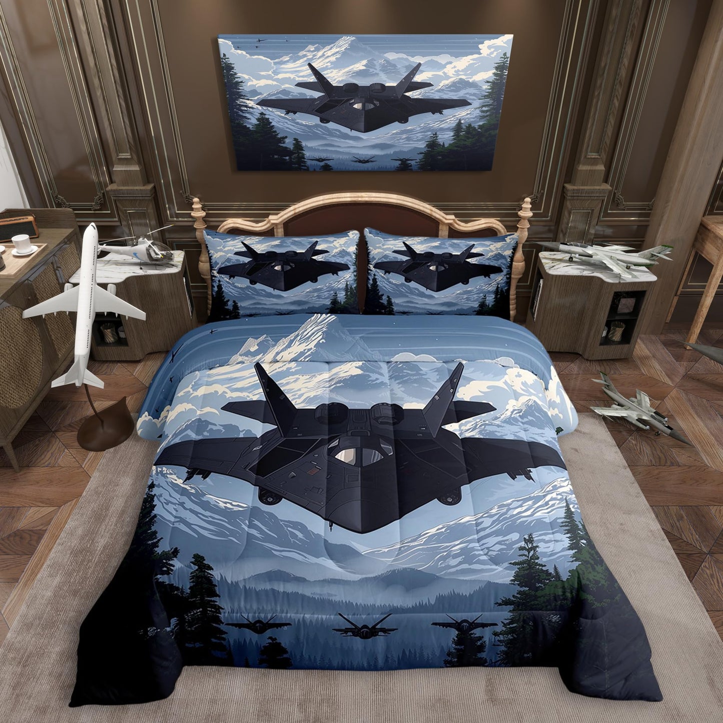 Manfei Modern Airplane Bed Comforter Set Queen Size,Military Black Fighter Plane Aircraft Super Soft Microfiber Bedding Set for Girls Boys,Snowy Mount Pines Trees Nature Paint Decorative Quilter Set