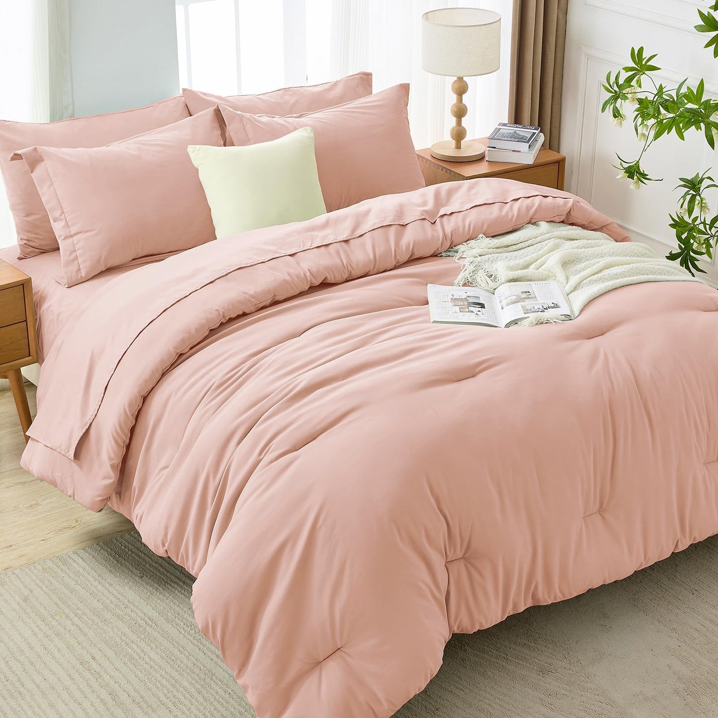 MUXHOMO 7 Pieces King Comforter Set, Soft Bed in a Bag King Size, All Season Bedding Set with Comforter, Flat Sheet, Fitted Sheet, Pillowcases & Shams, Rose Gold
