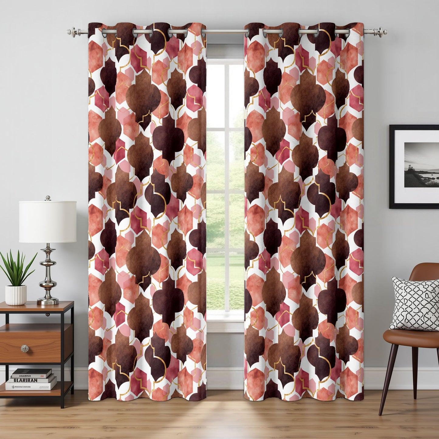 Tyrot Moroccan 100% Blackout Curtains for Bedroom Brown Red Abstract Geometric Black Out Curtains 96 inch Long 2 Panels Set Window Drapes Thermal Room Darkening Curtains for Living Room, 52Wx96L