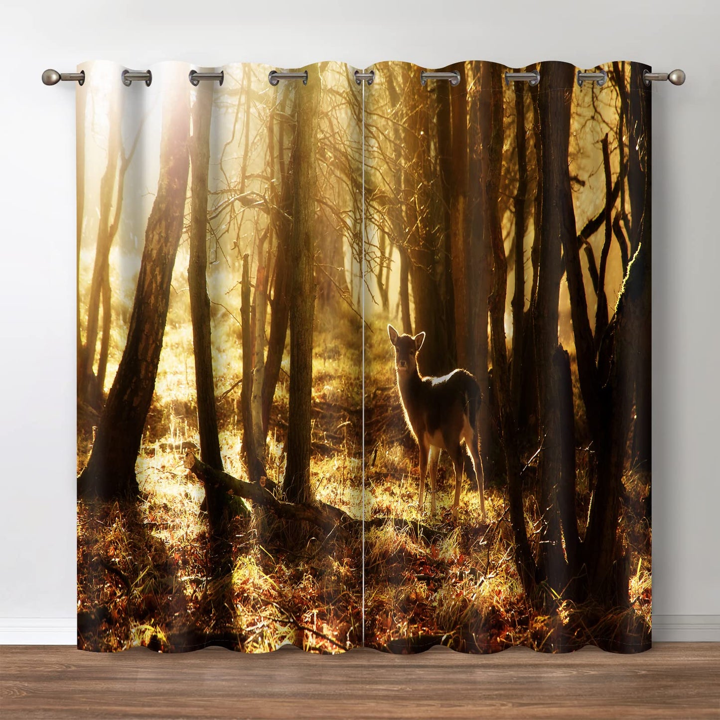 Jekeno Sunset Forest Blackout Curtains - Jungle Deer Animals Nature Landscape Sundown Scenery Print Tree Decor for Bedroom Living Room Grommet Window Drapes 2 Panel Set,52"x84"