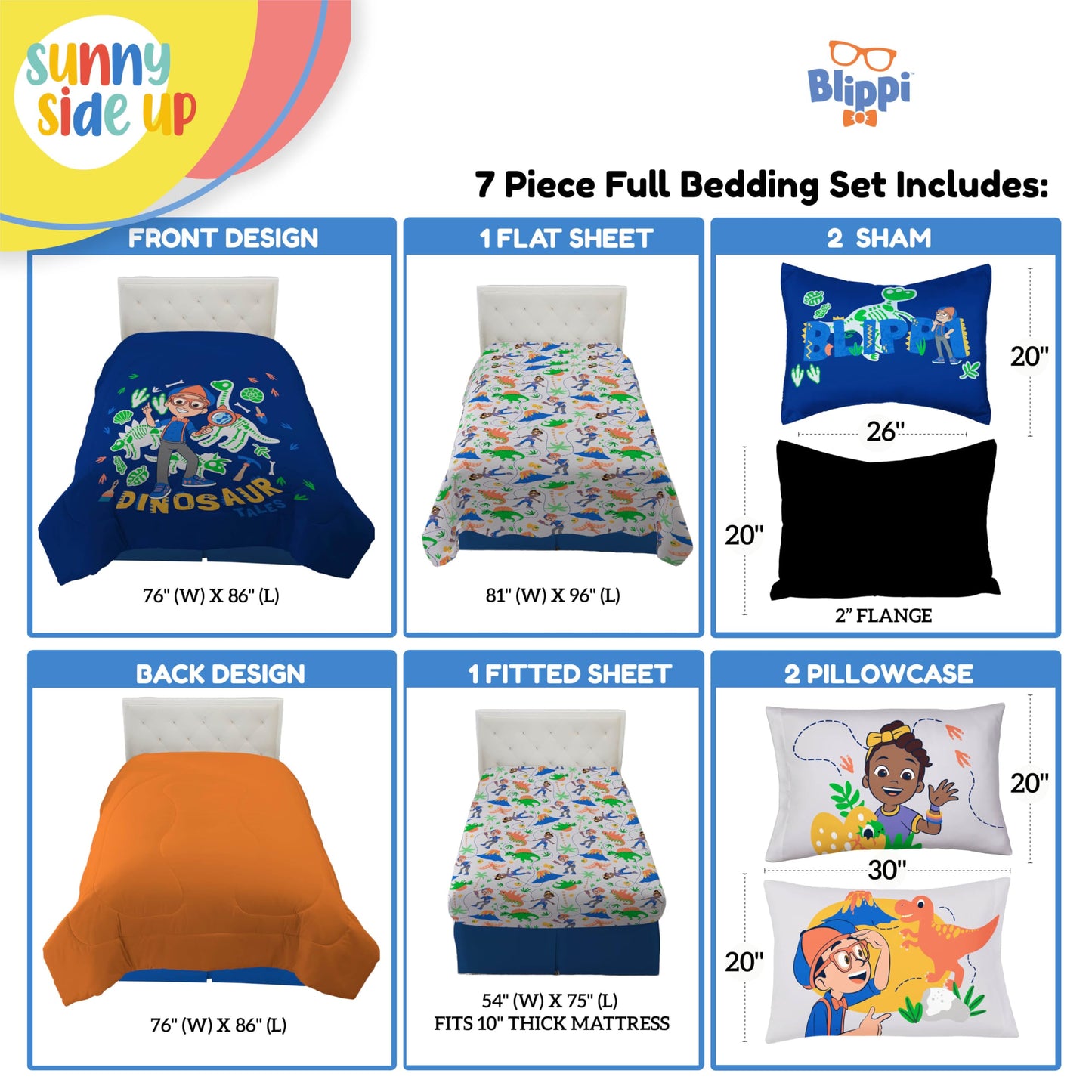 Sunny Side Up Kids Comforter Set Includes Sheets and Pillow Covers - Soft and Cozy Bed Set for Stylish Room Decor, Blue - Blippi, 7 Piece Full Bedding