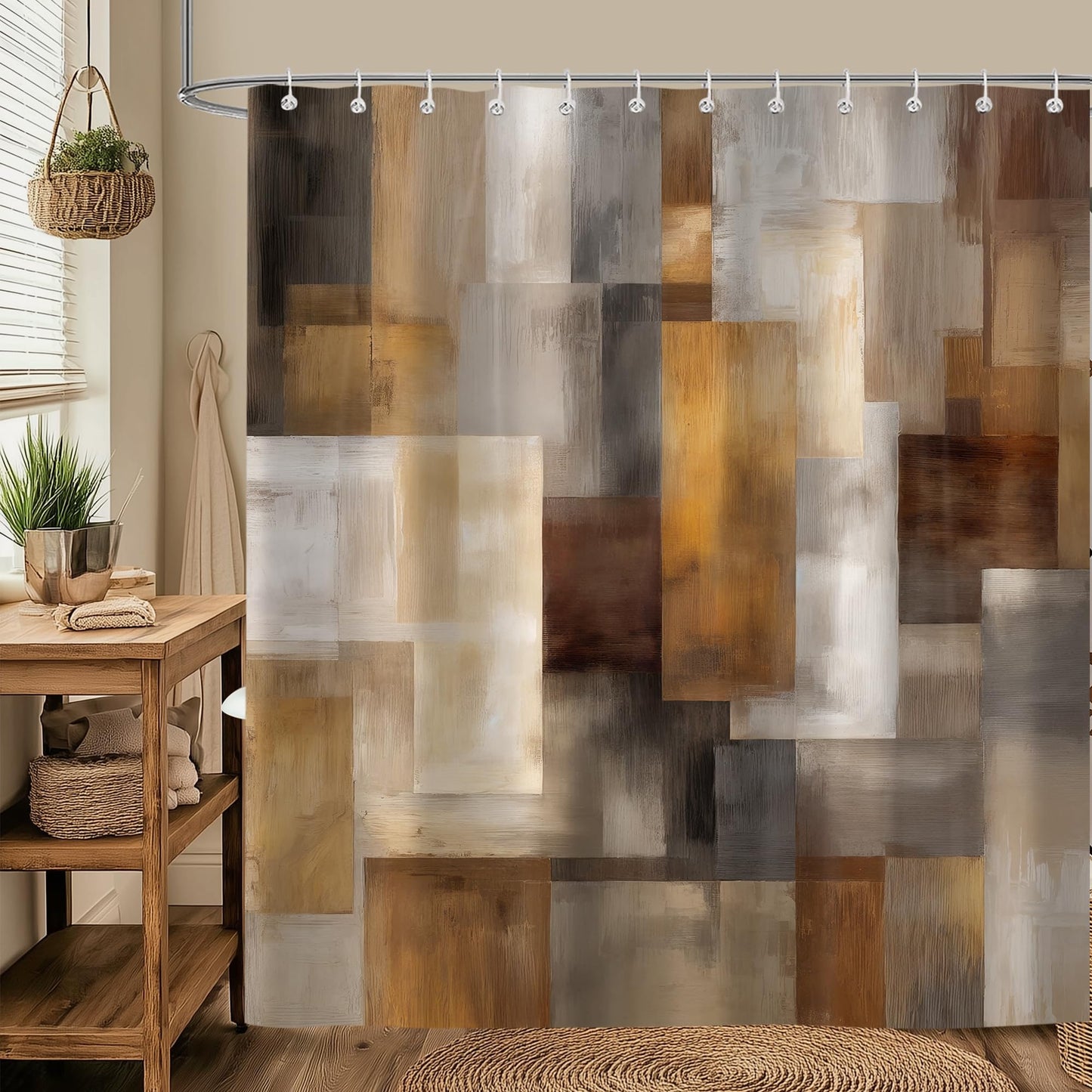 iTapnoom Abstract Brown Shower Curtain, Tan Rust Geometric Art Bathroom Decor, Modern Fabric Bath Curtain with 12 Hooks, 72 x 72 Inch