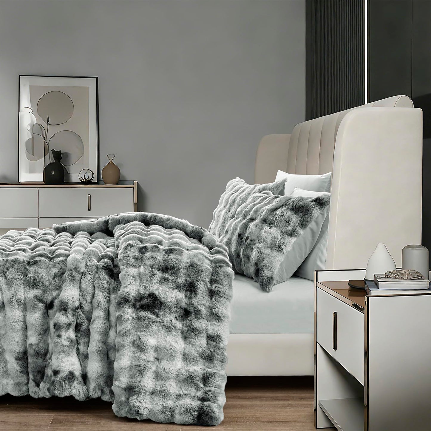 Fredsure Faux Rabbit Fur Comforter Set, 3 Pieces Tie Dye Grey Queen, Faux Rabbit Fur Face and Microfiber Reverse