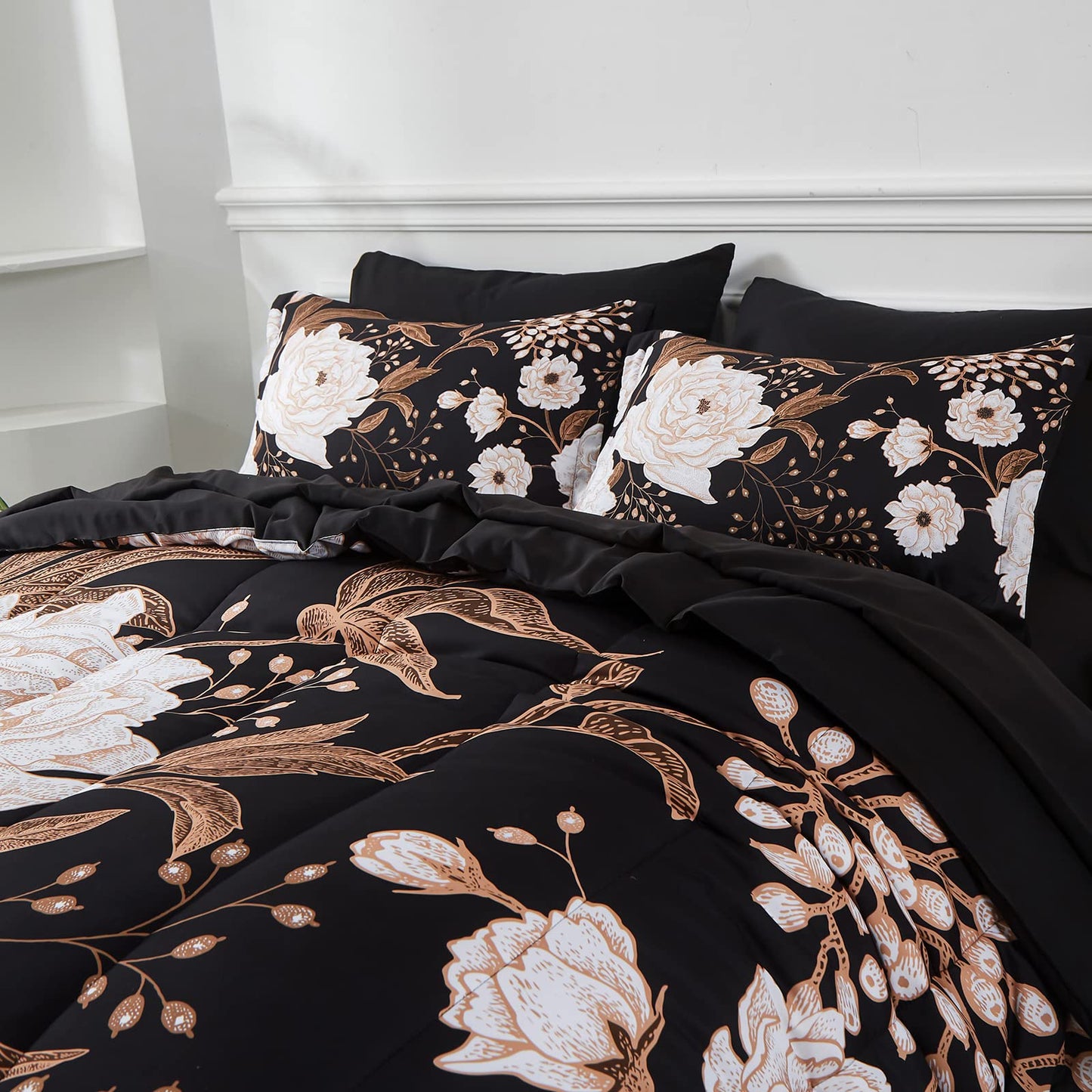 Yogeneg 7 Piece Bed in a Bag Queen Comforter Set Botanical Floral Bedding Set,White Flowers Leaves Printed on Black Reversible Design,Soft Microfiber Comforter with Sheet Set,All Season