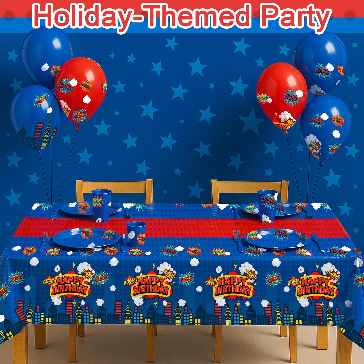 iCrius 3 Piece Party Tablecloth Rectangle Table Covers for Birthday Party Decorations, 108"x54" Plastic Table Cloth Disposable, Hero Themed Birthday Celebration Supplies Blue Skyscraper (3)