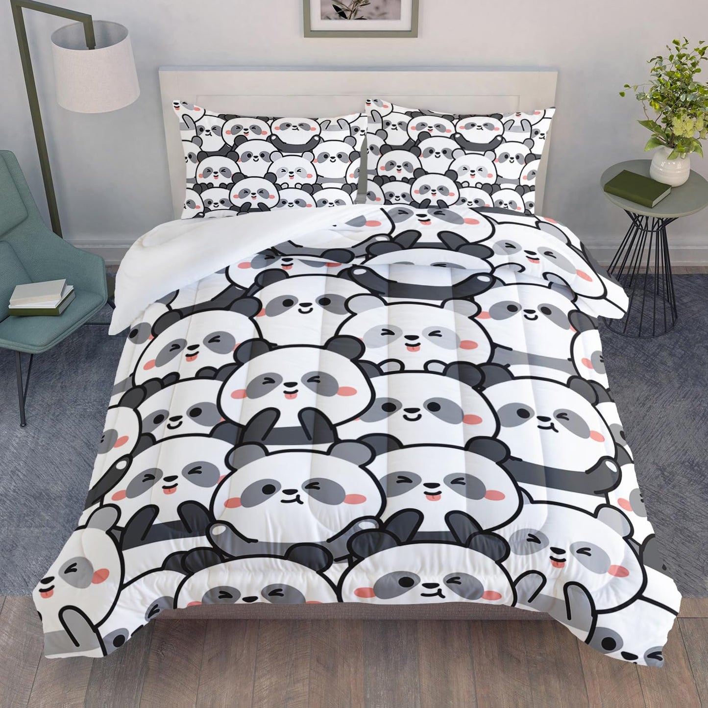 XYNHML Kawaii Cartoon Black White Panda Bedding Animal Themed Comforter 3Pcs Full Bear Pattern Bedding Set for Kids Teens Girls Boys Bed Decor Emoticon Panda Quilt with 1 Comforter and 2 Pillowcases