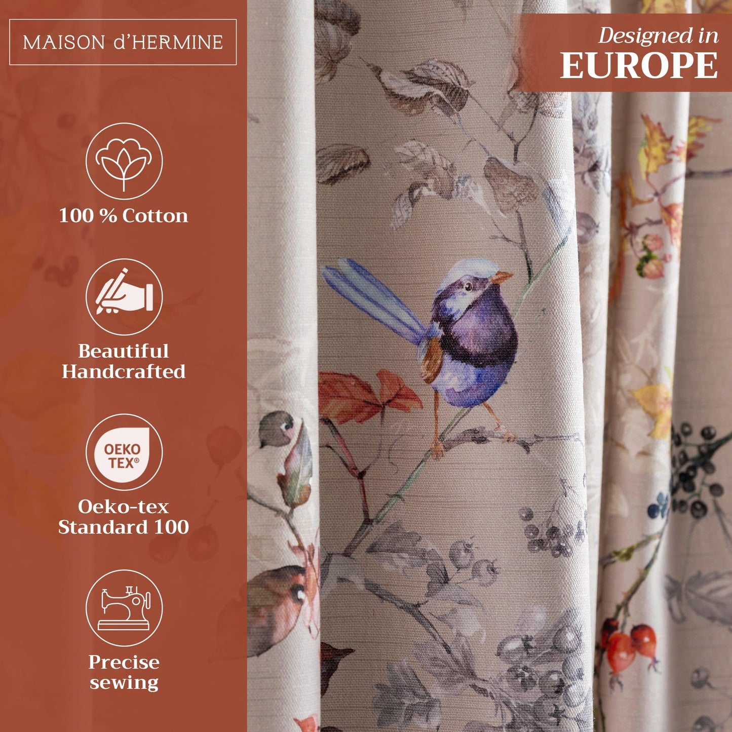 Maison d' Hermine Curtains for Living Room 100% Cotton 96 inch Length One Panel Light Filtering Curtains for Windows with Rod and Loop Pockets Spring Summer (Equinoxe - Multi, 50" W x 96" L)