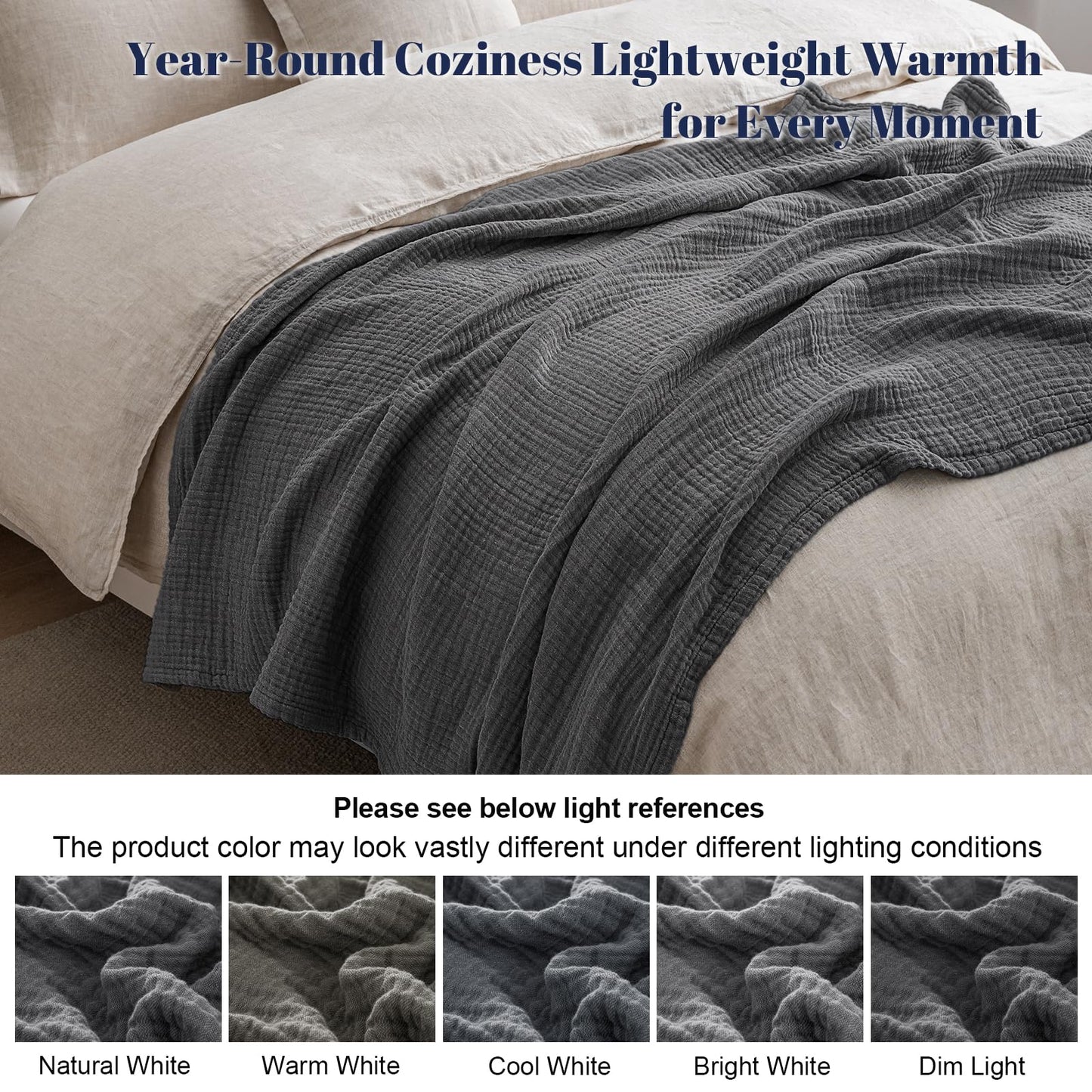 PHF 100% Cotton Muslin Throw Blanket 50" x 60", 4-Layer Lightweight Gauze Throw, Breathable Cloud-Soft Minimalist Blanket for Bed, Couch, Camping & Baby, Greyish Black, Ideal Gift
