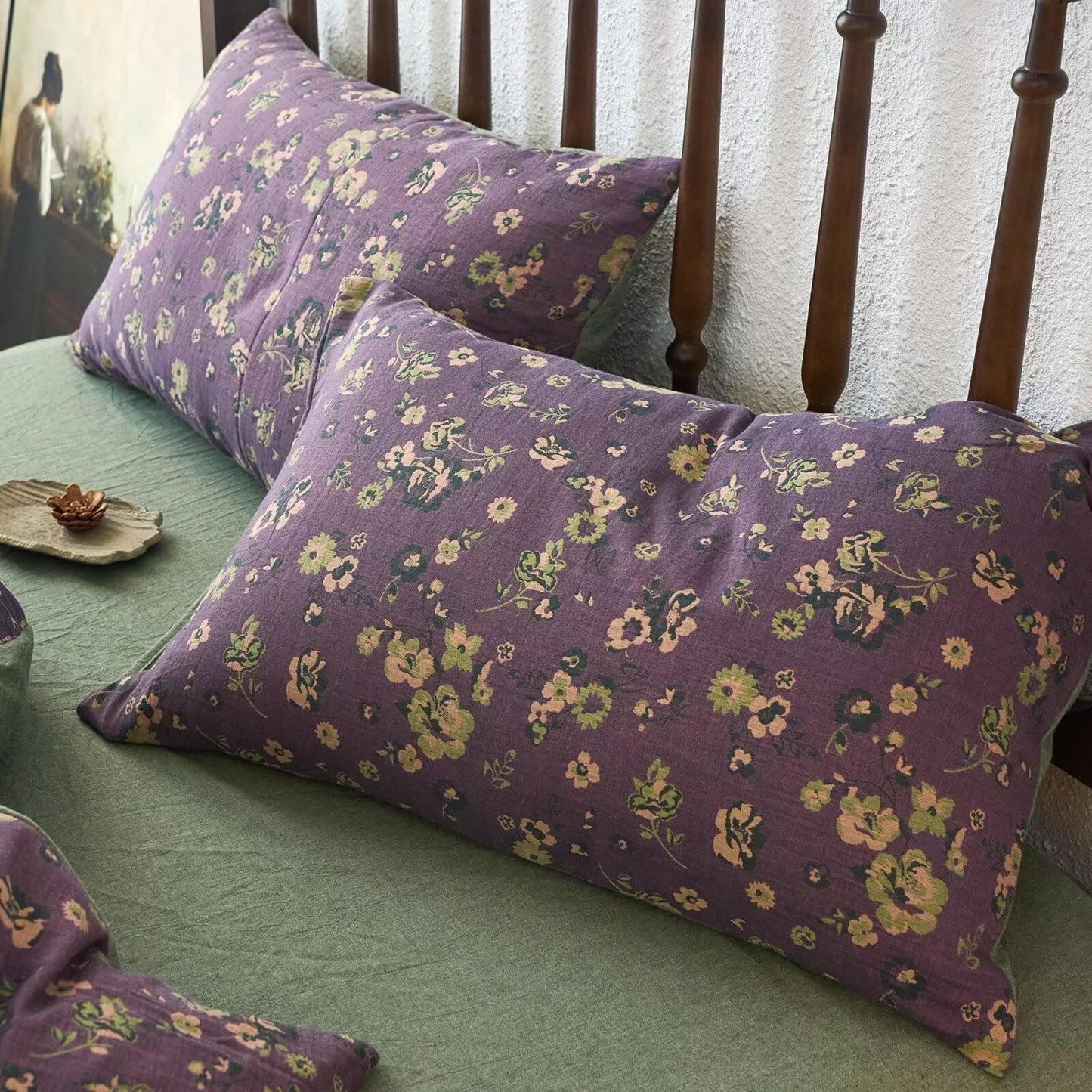 mixinni Vintage Floral Duvet Cover King Set - Purple & Green Reversible Jacquard, 100% Yarn-Dyed Double-Layer Cotton, Breathable Luxury Bedding (3-Piece, Includes 2 Pillowcases) Farmhouse & Bohemian