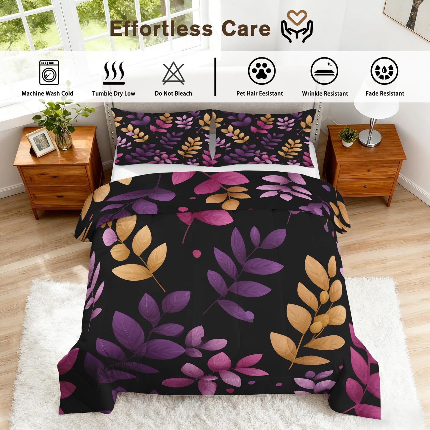 Flumoxa Branch Comforter Set King, Purple Yellow Leaf Comforter Down Alternative All Season Bedding, Branch Bed Sets King Size with Pillowcase, Bedroom Decor
